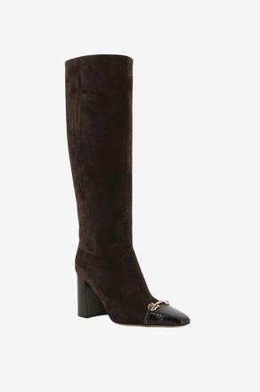 Ferragamo Wildlederstiefel mit Kroko-Leder und Absatz Sibilla 85