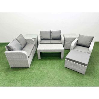 Fimous High Back Poly Rattan Garden Furniture Set with Reclining Chair Loveseat Sofa Oblong Coffee Table Indoor Outdoor Patio Set 2 Stool Light Grey - Fimous