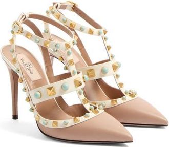 Valentino Garavani Rockstud Pointed Toe Caged Pump in Ivory/Beige Multi at Nordstrom, Size 10.5Us