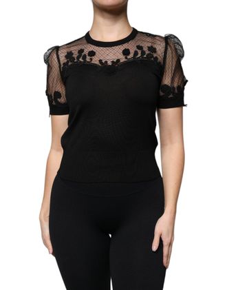 Dolce & Gabbana Womens Black Floral Lace Short Sleeves Blouse Top Silk Nylon Cotton