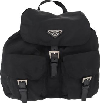 Prada Double Front Pocket Backpack Re-Nylon With Leather Black Nylon Backpack Bag (Pre-Owned)