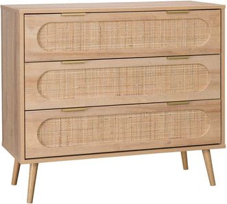 Sweeek Sweeek - 3-drawer chest with wood and rounded cane rattan, Eva, Natural, 90x39x79 cm