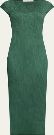 Lafayette 148 New York Cap-Sleeve Embroidered Plisse Maxi Dress