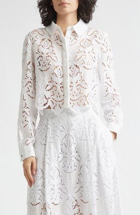 Toccin Jilly Floral Embroidery Crop Shirt in Optic at Nordstrom, Size Medium