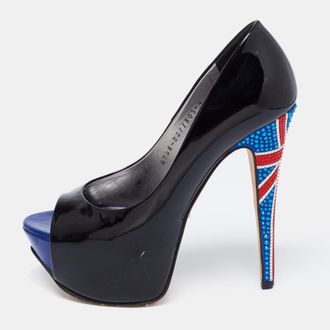 Gina Black Patent Leather Crystal Embellished Peep Toe Platform Pumps