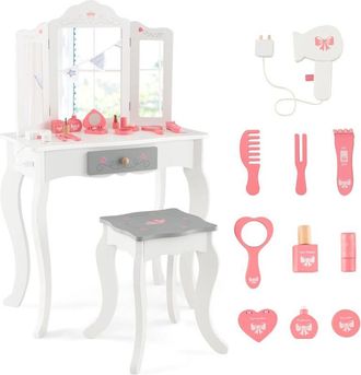 Costway Costway Tocador Infantil De Madera, Set De Tocador 2 En 1 Con Taburete Y Espejo Triple Extra&iacute;ble, Mesa De Maquillaje Para Ni&ntilde;as Con Caj&oacute;n, Tocador Inf