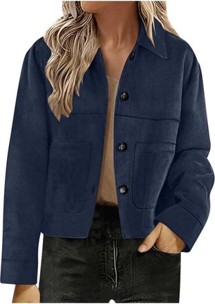 Generic Womens Faux Suede Bomber Jacket Spring Lapel Pilot Coat Oversized Long Sleeves Trendy Streetwear Outerwear Button Down Suede Jacket Casual Cropped Coa