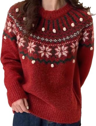 Generic Womens Christmas Sweaters Vintage Jacquard Crewneck Graphic Pullover Loose Knitted Sweater Top Winter Cozy Xmas Jumpers n7 Red