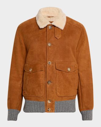 Brunello Cucinelli Men & apos;s Suede Shearling-Collar Bomber Jacket
