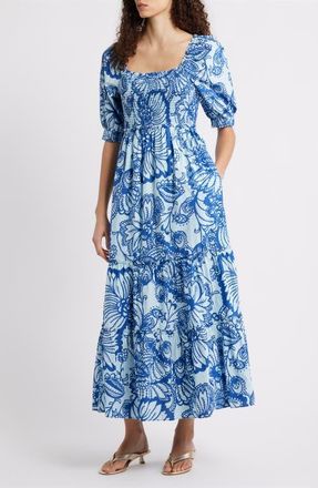 Lilly Pulitzer Hadley Smocked Maxi Dress in Starlight Navy Proud Peacock at Nordstrom, Size Xx-Small