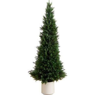 Nearly Natural 5-ft UV Resistant Artificial Cedar Tree in Decorative White Planter in Green at Nordstrom