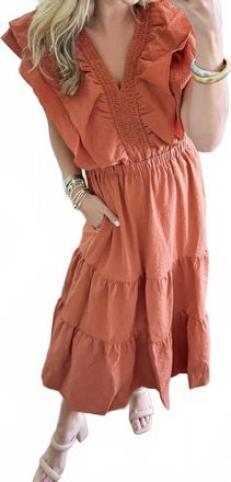 THML Clothing Ruffle Midi Dress In Warm Orange