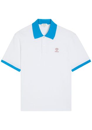 Versace Logo-embroidered Piqu&eacute; Cotton Polo Shirt - White And Blue - Xxl