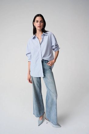 Joseph Ribkoff Tencel Stripe Print Boxy Blouse In Blue/vanilla