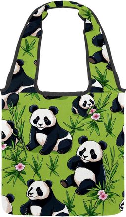 Generic Cute Panda on Green Reversible Canvas Shoulder Tote - Double-Sided Print, 12oz Cotton, 27cm Drop, Fold-Flat Bag for Travel, Shopping, Street Outings