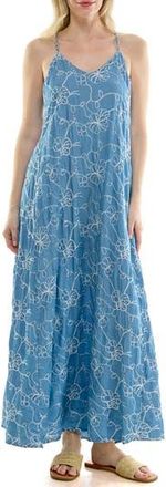 Nicole Miller Floral Embroidered Maxi Slipdress in Medium Wash at Nordstrom Rack, Size X-Large