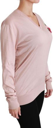 Dolce & Gabbana Womens Pink Floral Embellished Pullover Silk Sweater Clothing