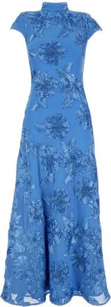 Rotate ROTATE Birger Christensen, Gowns, female, Blue, XS, Long Flared Dress with Embossed Floral Motif