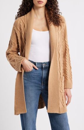 525 america Peggy Cable Stitch Longline Open Front Cardigan in Camel at Nordstrom, Size X-Small