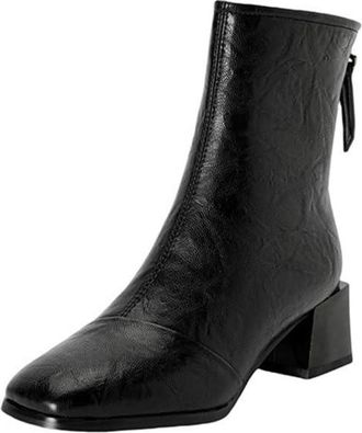 Generic Womens Leather Ankle Boots Square Toe Mid Block Heels Back Zipper Comfortable Non Slip Wear Resistant Daily Casual Office Shoes,Black,5.5 UK