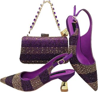 Generic Womens Satin Pointy Toe Pumps and Clutch Bag Set Sparkly Rhinestone Decoration for Evening Party Wedding