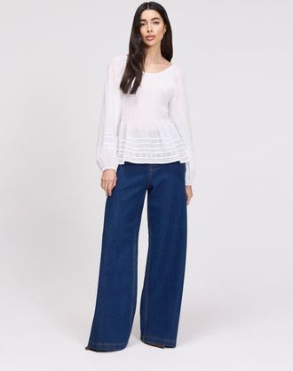 Finery Jennie Shirred Long Sleeve Cotton Top in White at Nordstrom, Size 12