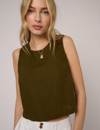 Nobody's Child Khaki Green Linen-Blend Ruched Tank