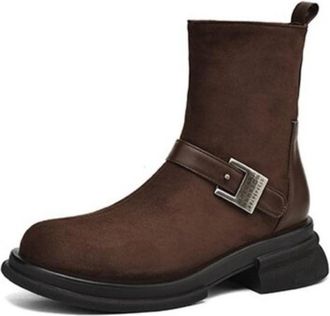 Generic Womens Suede Like Ankle Boots Contrast PU Leather Buckle Pull Tab Side Zipper Non Slip Wear Resistant Chunky Sole Comfortable Stylish For Daily Commut