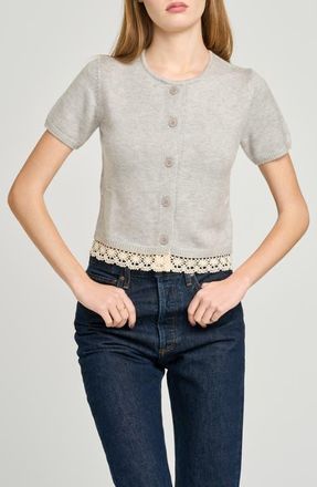 Wayf Carine Lace Trim Button Front Cardigan in Light Heather Grey at Nordstrom, Size X-Large