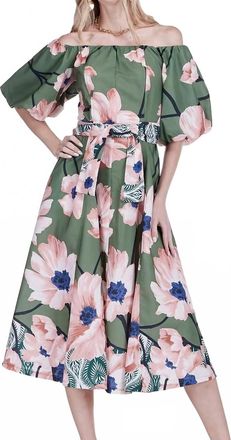 Jade Yoga Bloom Off-Shoulder Flared Midi Dress In Olive