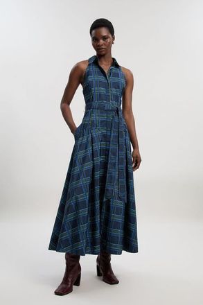 Karen Millen Check Taffeta Belted Maxi Shirt Dress in Navy at Nordstrom, Size 12