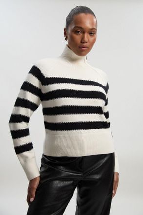 Karen Millen Womens Plus Size Stripe Zip Through Funnel Neck Knit Jumper - Monochrome Multi viscose - Size X-Large