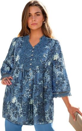 Roaman's Plus Size Juliet Lace Trim Button Down Shirt in Blue Butterfly Blooms at Nordstrom, Size 36