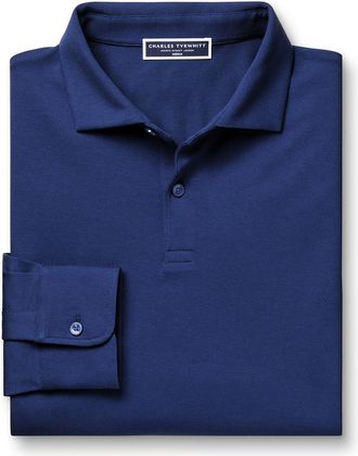 CHARLES TYRWHITT Long Sleeve Smart Pique Cotton Polo - Royal Blue Size Large by Charles Tyrwhitt