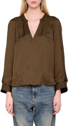 Zadig&Voltaire Torny Satin Split Neck Top in Moss at Nordstrom, Size X-Small