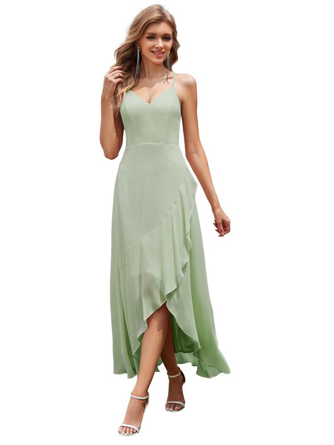 green emerald velvet dress Long Chiffon Empire Waist Bridesmaid Dress with Short Flutter Sleeves – LD  Dress main image 0