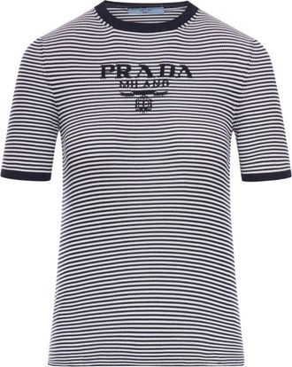 Prada Striped Silk Crewneck Sweater With Logo Clothing