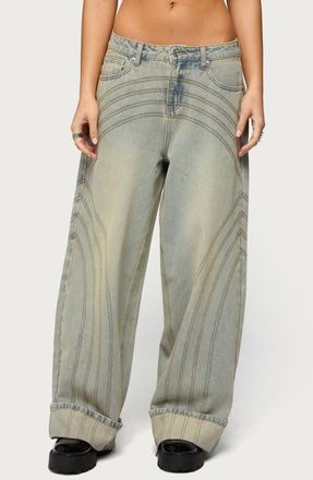 Edikted Cuffed Low Rise Baggy Jeans in Blue-Vintage-Washed at Nordstrom, Size X-Large