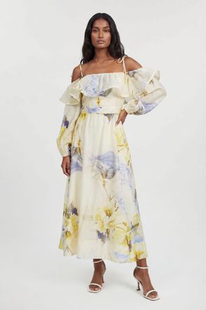 Karen Millen Womens Blue Floral Off The Shoulder Shirred Woven Maxi Dress Lyocell - Size 14 UK