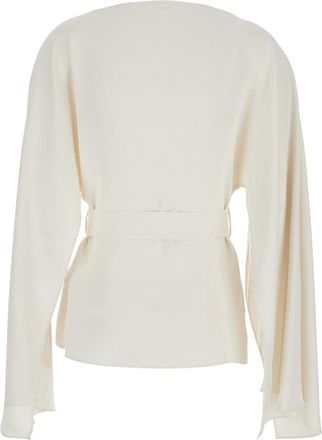 P.A.R.O.S.H. Womens Blouse, Round Neck With Bow, White Polyester Blouses Shirt
