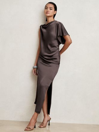 Reiss Womens Mauve Satin Draped Asymmetric Midi Dress, Size: 4