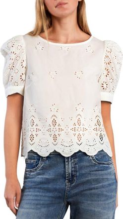 BILLY T Halo Eyelet Puff Sleeve Cotton Blend Top in Halo White at Nordstrom, Size X-Large
