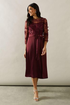 Wallis Womens Satin And Mesh Overlay Fit And Flare Dress - Wine - Size 14 UK