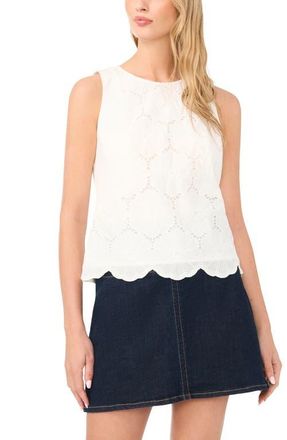 Vince Camuto Floral Embroidered Sleeveless Cotton Top in Ultra White at Nordstrom, Size 12