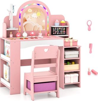 Costway Kids Vanity Set with LED Lights 86x39x104cm MDF Dressing Table and Chair Pink