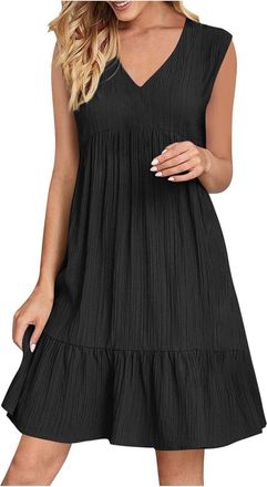 Generic HOOUDO Casual Summer Dresses for Women UK with Sleeves Summer Dresses for Women Sleeveless V Neck Beach Dress Adjustable Strap Knee Length Sundresses 