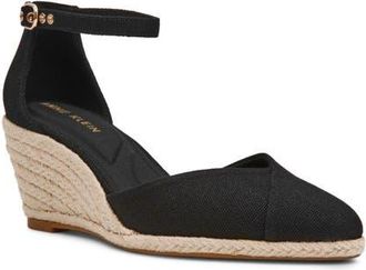 Anne Klein Wilmott Ankle Strap Espadrille Wedge Sandal in Black Canvas at Nordstrom, Size 5.5
