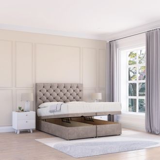 Sloomy Mayfair Plush Fabric Ottoman Bed End Opening With Sprung Memory Mattress & 26 Inch strut Headboard in Stone | Size: Small Single