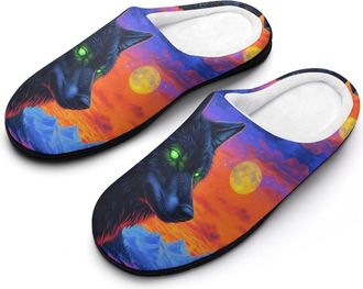 Generic Wolf with Glowing Neon Eyes Womens Cotton Slipper Comfortable Cozy Plush Slippers Anti-Skid Indoor House Closed Toe Shoes