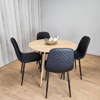 Kosy Koala Round Oak Effect Kitchen Dining Table With 4 Black Faux Leather Padded Chairs Dining Set